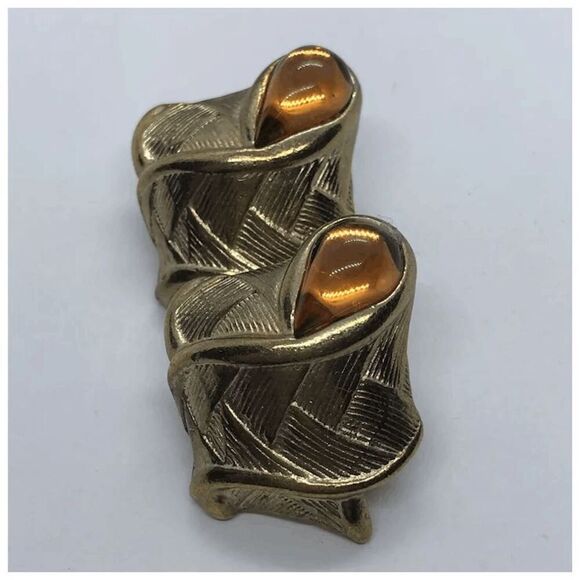 Unique Vintage Gold Tone Faux Amber Cabochon Chunky Statement Earrings - Picture 5 of 7